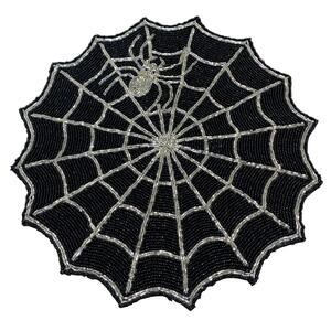 Tahari SPIDER WEB Placemat 15in Beaded Black & Silver Spooky Halloween Glam New